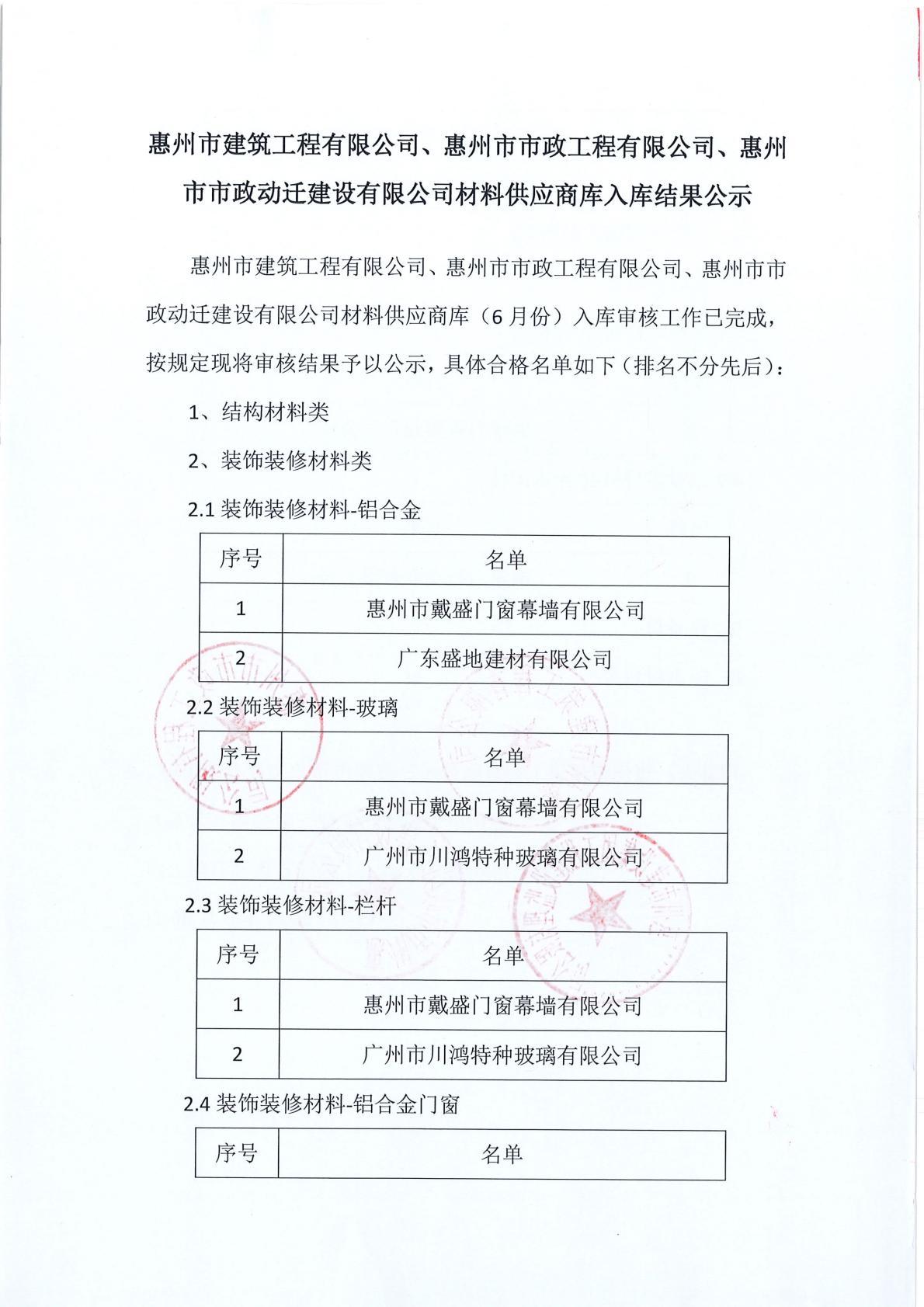 材料供應(yīng)商庫(kù)入庫(kù)結(jié)果公示