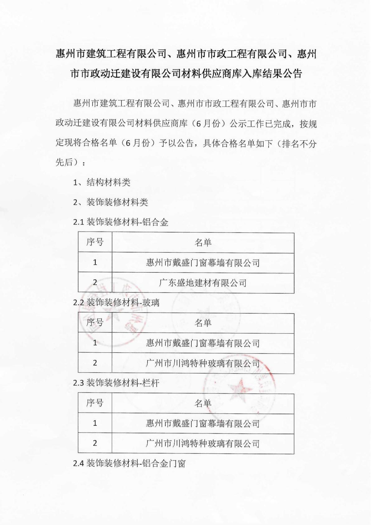 材料供應(yīng)商庫入庫結(jié)果公示